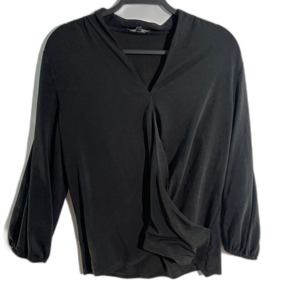 Adrianna Papell Black Cross Pleated V Neck Long Sleeve Shirt Large